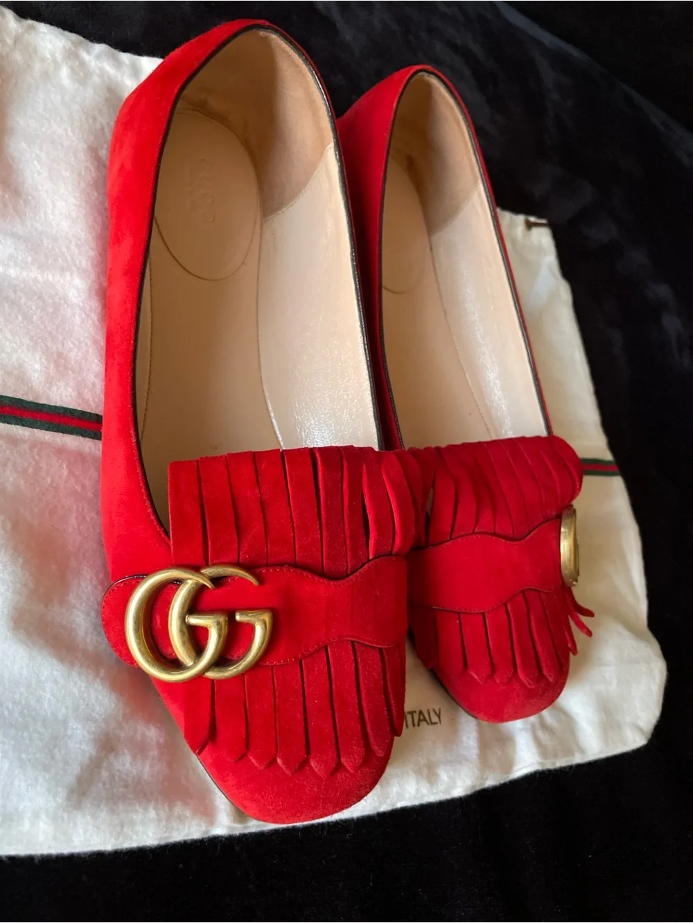 Authentic Gucci Red Suede Fringe GG Loafers for Women